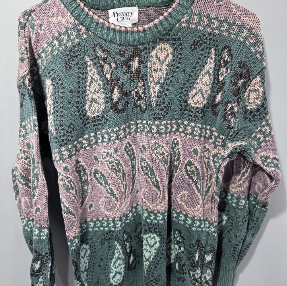 Vintage 90s Private Club Paisley Pattern Crew Neck Sweater Large